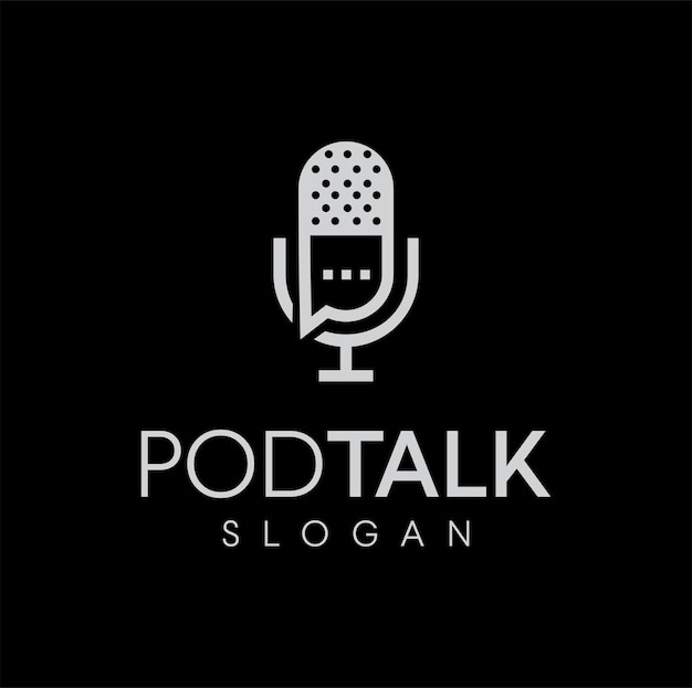 Micrófono de podcast con diseño de icono de logotipo de burbuja de chat de conversación