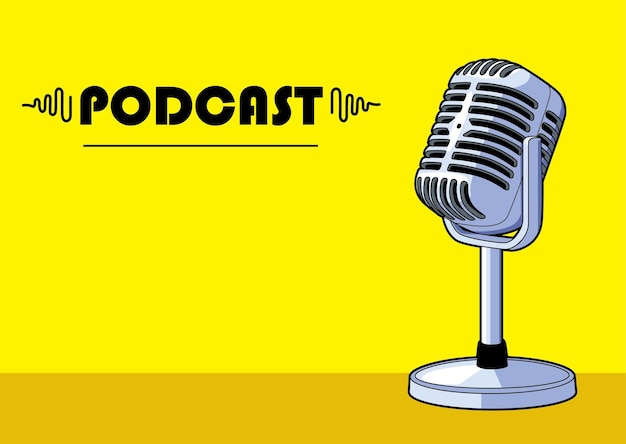 Micrófono de podcast vintage colocado en un escritorio amarillo con fondo en negrita Concepto de medios