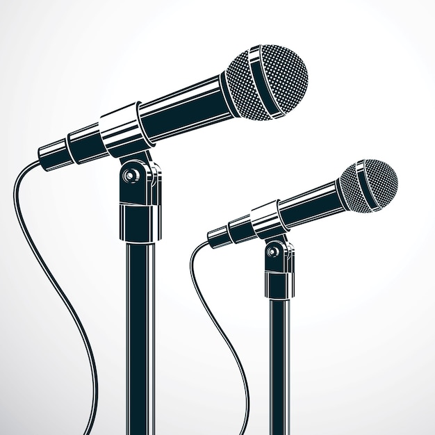 Vector micrófonos de escenario ilustración vectorial aislado en blanco. rueda de prensa, influencia del mensaje social.