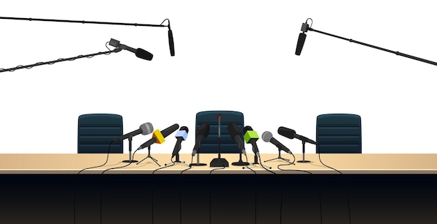 Vector micrófonos y mesa de entrevistas para conferencias de prensa con evento de medios vectoriales de sillas conferencia de prensa de dibujos animados o sala de noticias con micrófonos de periodistas para entrevistas, informes de oradores o debates políticos