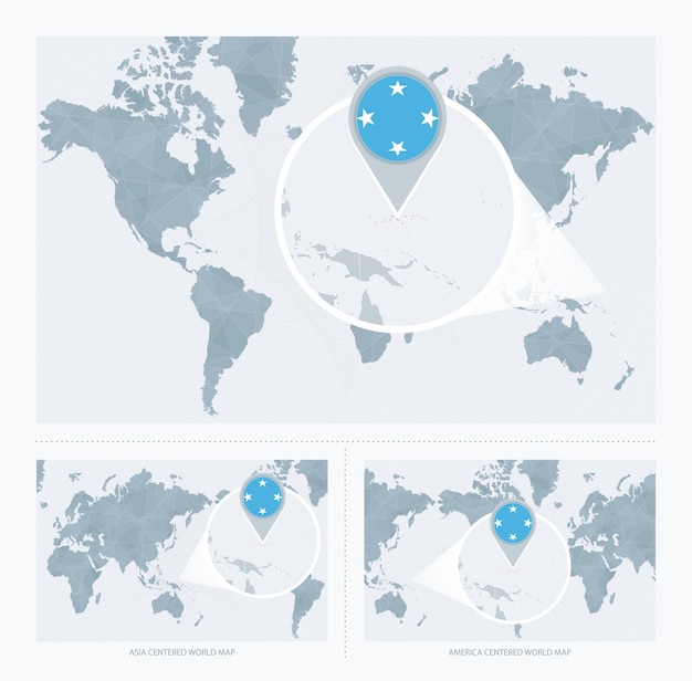 Vector micronesia magnificada sobre el mapa del mundo 3 versiones del mapa mundial con bandera y mapa de micronesia