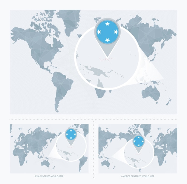 Micronesia magnificada sobre el Mapa del Mundo 3 versiones del Mapa Mundial con bandera y mapa de Micronesia