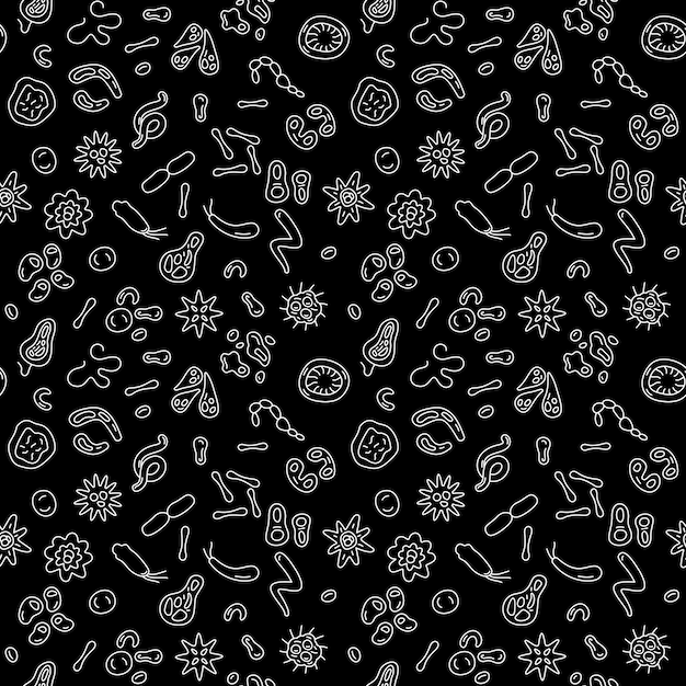 Microorganismo y bacteria vector concepto patógeno patrón oscuro sin costuras o fondo en estilo de línea delgada