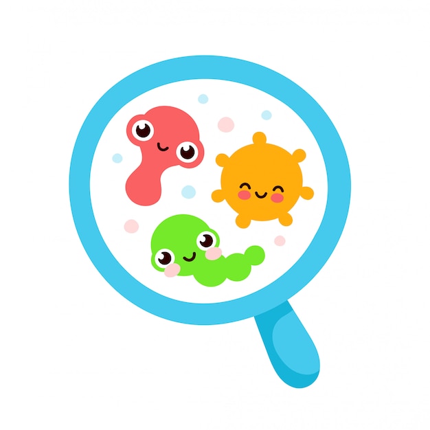 Microorganismo bacteriano en un círculo. Conjunto colorido de bacterias y gérmenes, microorganismos, bacterias, virus, hongos, protozoos bajo el cristal rejuvenecedor, lupa