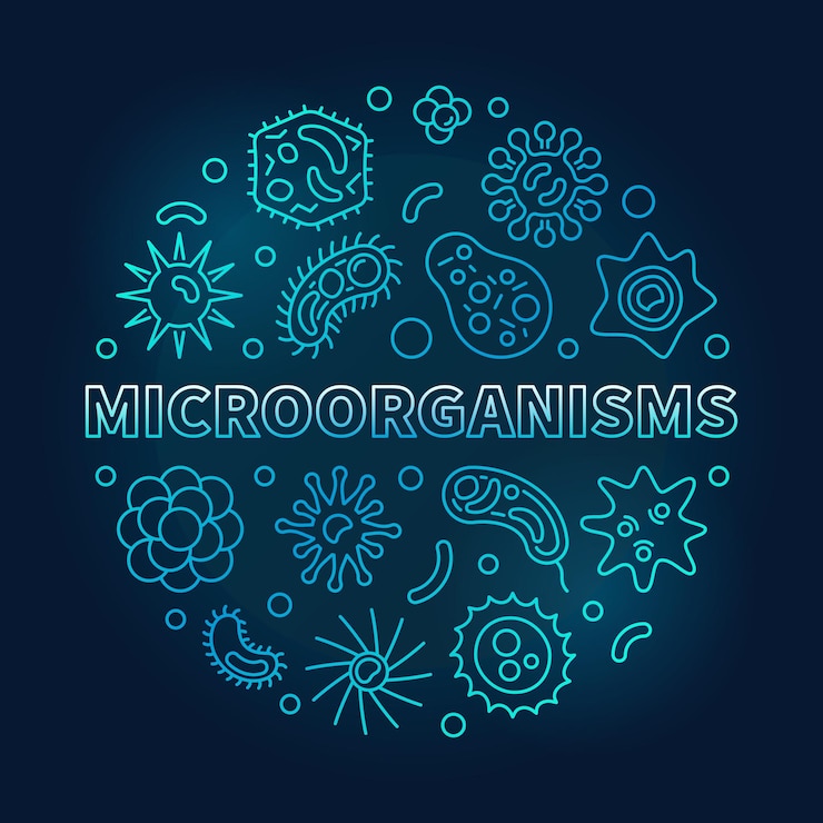 Vector microorganismos redondo vector azul contorno ilustración o banner