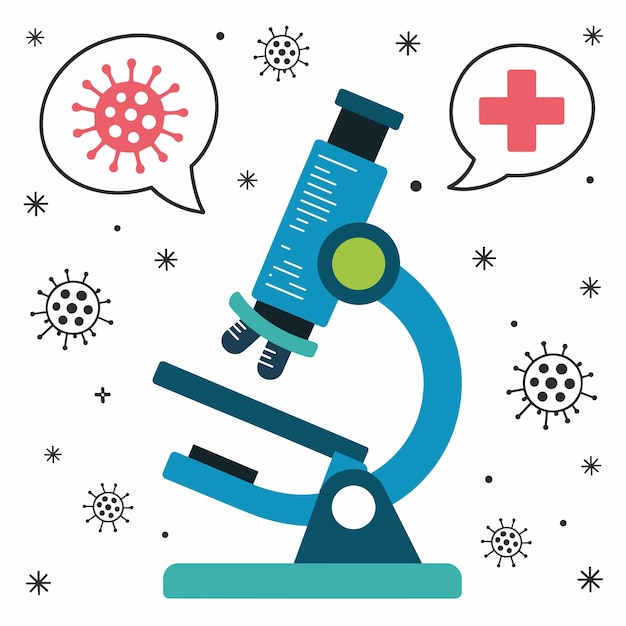 Microscope examining virus and medical symbol