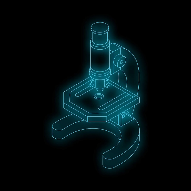Vector microscopio brillante sobre un fondo negro que simboliza la investigación científica