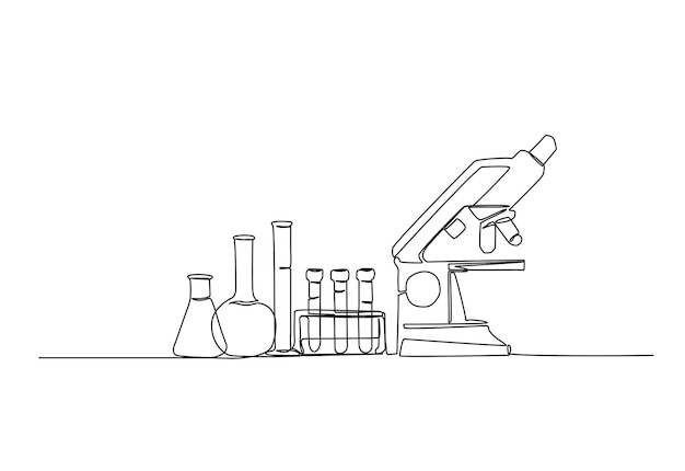 Microscopio y equipo de laboratorio en dibujo continuo de una línea