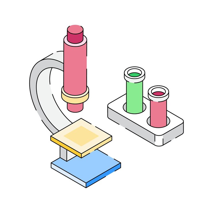 Vector microscopio de laboratorio con icono de soporte de vial diseñado en estilo de contorno isométrico