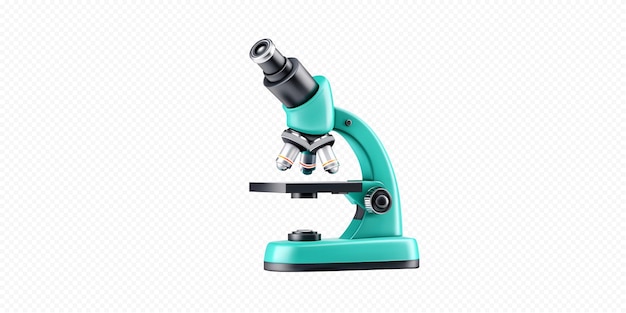 Un microscopio turquesa único colocado en una superficie plana en un entorno de laboratorio moderno