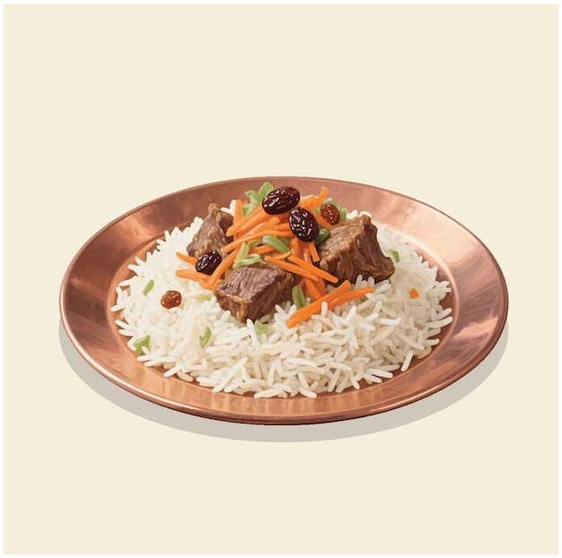 Middle Eastern Pilaf with Meat and Vegetables on Copper Plate Flat Art Style Kabuli Pulao