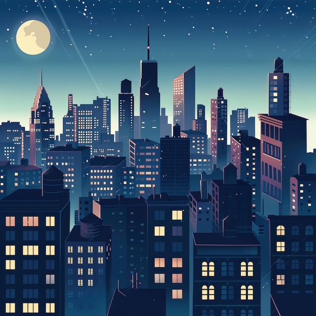 Vector midnight cityscape vector plano groovy lofi aislado en un