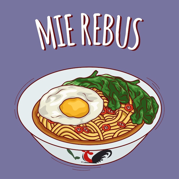 Mie rebus ilustración comida indonesia con estilo de dibujos animados