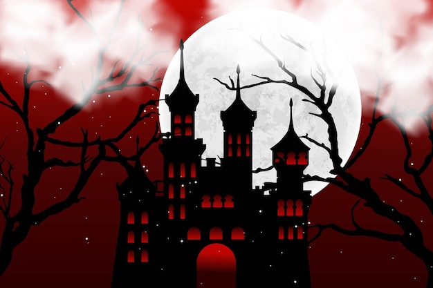 Vector miedo embrujado castilla luna rama de árbol en la noche fondo de plantilla de halloween fondo de pantalla espeluznante