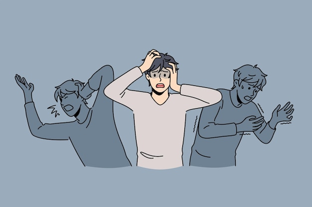 Miedos internos y concepto de pánico. Joven estresado frustrado sintiéndose ahogado con sombras asustadas alrededor de la ilustración vectorial