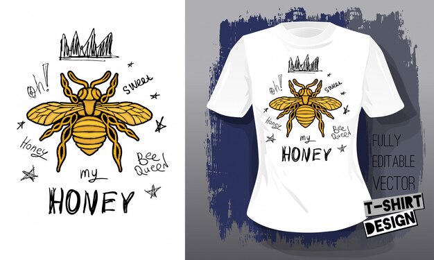 Vector miel de abeja dorada bordado reina corona telas textiles letras oro alas diseño de camiseta de insecto. vector dibujado a mano estilo de bordado de moda de lujo de abeja de miel