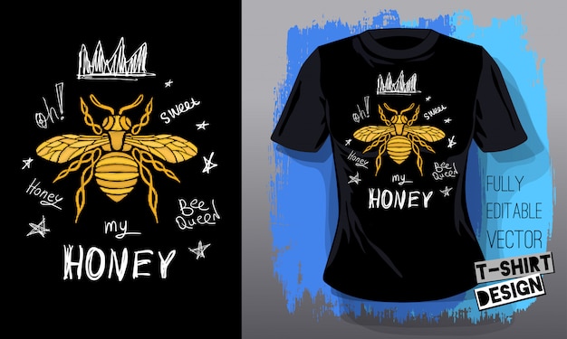 Miel de abeja dorado bordado reina corona telas textiles letras oro alas diseño de camiseta de insecto.