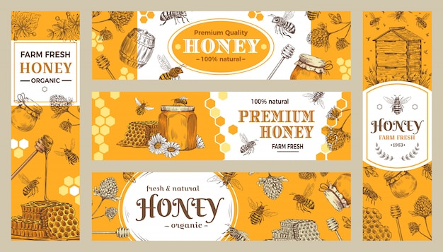 Vector miel . dulces saludables, abejas naturales, maceta de miel y colección de productos de granja de abejas.