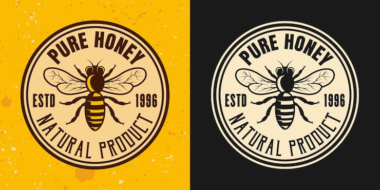 Vector miel pura dos estilos de colores vector emblema, insignia, etiqueta o logotipo sobre fondo amarillo y oscuro