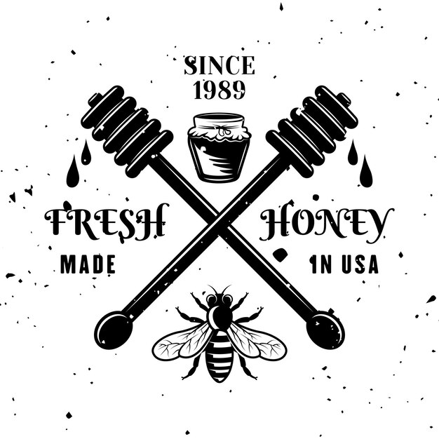 Miel vector emblema insignia etiqueta o logotipo en estilo monocromo aislado sobre fondo blanco