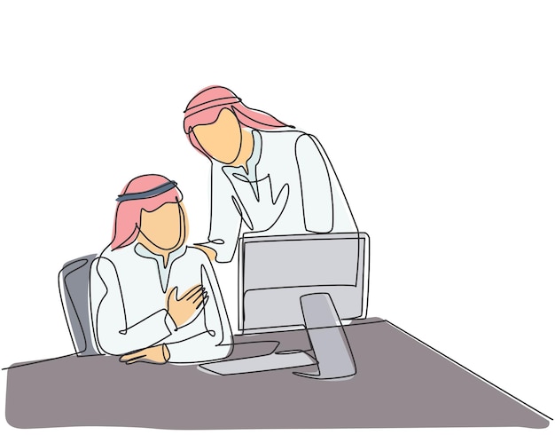 Un miembro del equipo de inicio musulmán de dibujo de línea continua discutiendo juntos la estrategia comercial de la empresa