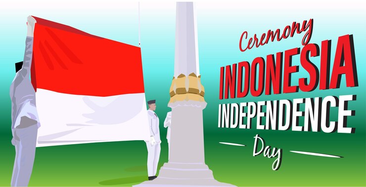 los miembros de la ceremonia vectorial paskibra despliegan el campo del palacio de la bandera de Indonesia celebran el día de la independencia