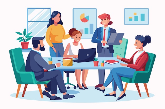 Miembros del equipo discutiendo ideas en la mesa de conferencias generadas por Ai