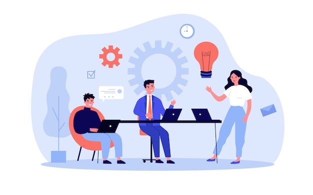 Miembros del equipo empresarial con laptop discutiendo proyecto