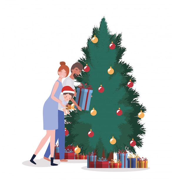 Vector miembros de la familia con árbol de navidad