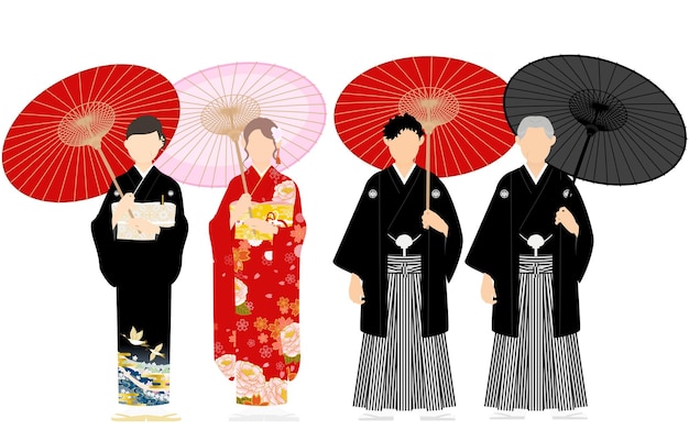 Miembros de la familia en kimono con sombrillas japonesas, hakama con cresta y furisode, tomesode negro