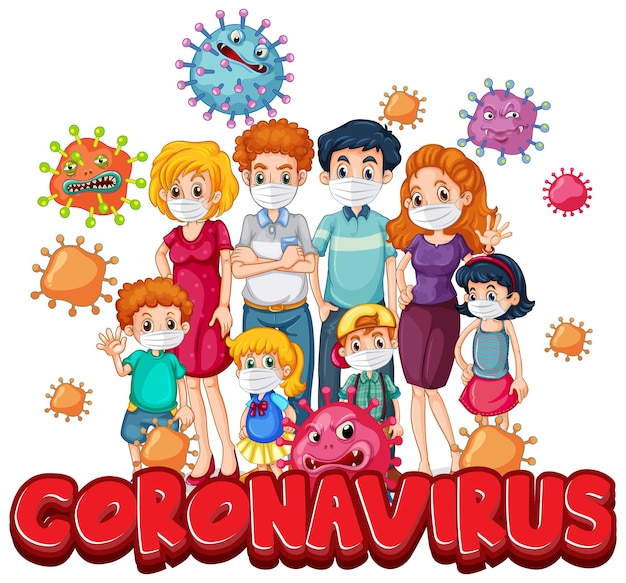 Miembros de la familia con máscara con fuente coronavirus