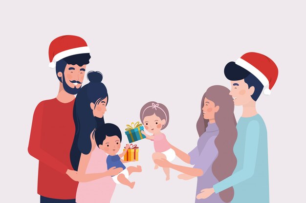 Miembros de la familia con regalos de navidad