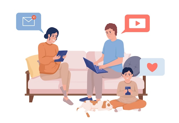 Miembros de la familia sentados en el sofá con dispositivos de caracteres vectoriales de color semiplano