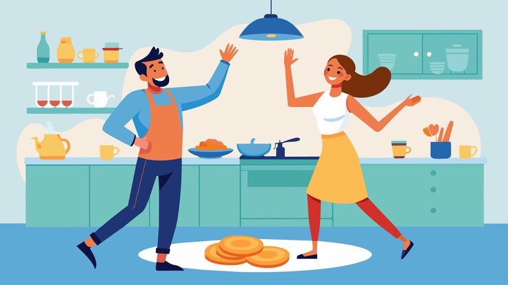 Vector mientras bailan por la cocina a su lista de canciones favorita una pareja juega para ver quién