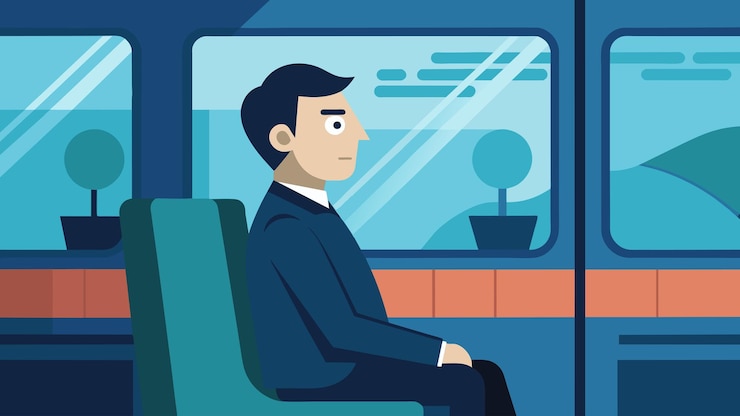 Vector mientras el tren se apresura un pasajero se sienta con la espalda erguida y una expresión relajada observando con calma