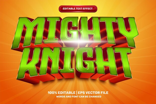 Vector mighty knight hero 3d estilo de efecto de texto editable