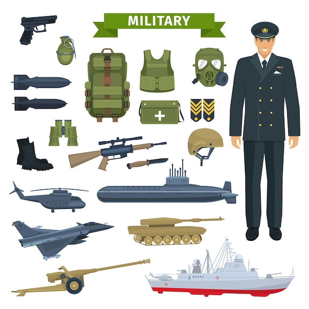 militar, hombre, con, arma, personal, equipo, icono