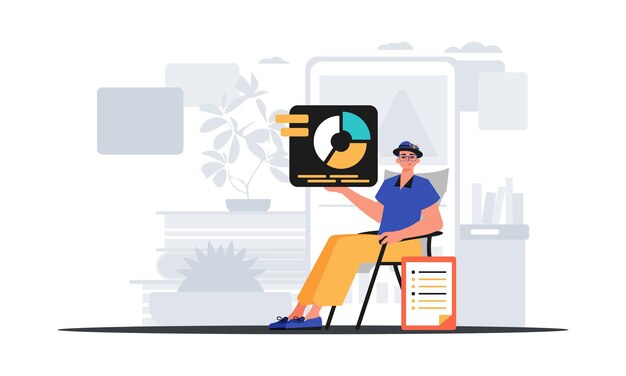 El militar se sienta en un hogar y sostiene un gráfico con el concepto estadístico del mercado digital Ilustración vectorial de estilo moderno