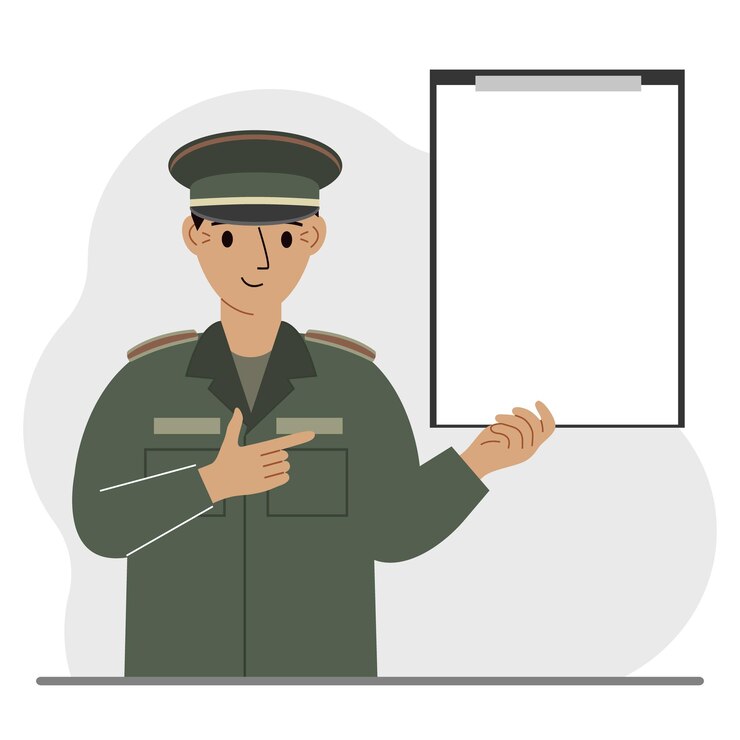 Vector militar uniformado con portapapeles y una hoja blanca de papel para texto
