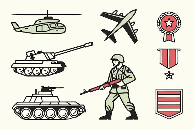 Military themed illustration featuring army vehicles soldier and medals