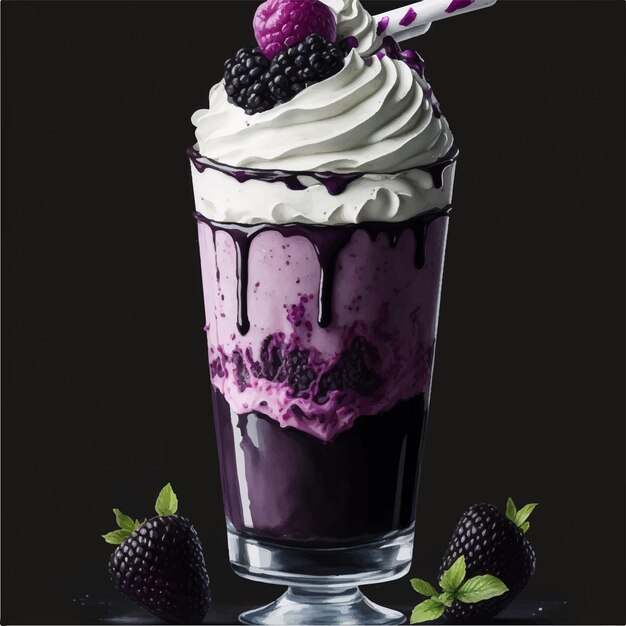 Vector milk shake de chocolate con fresas, moras y crema de chantilly