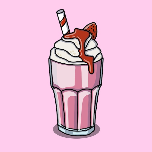 Vector milkshake de fresa con helado de vainilla, salsa de fresa, fresa de fresa y oblea