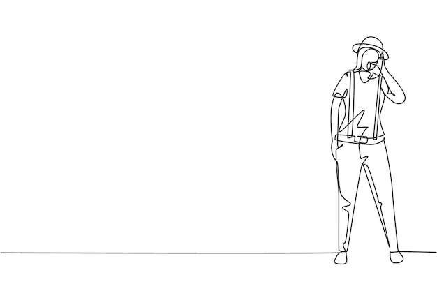 Una mimo femenina de dibujo de una sola línea continua se para con un gesto de llámame y maquillaje de cara blanca