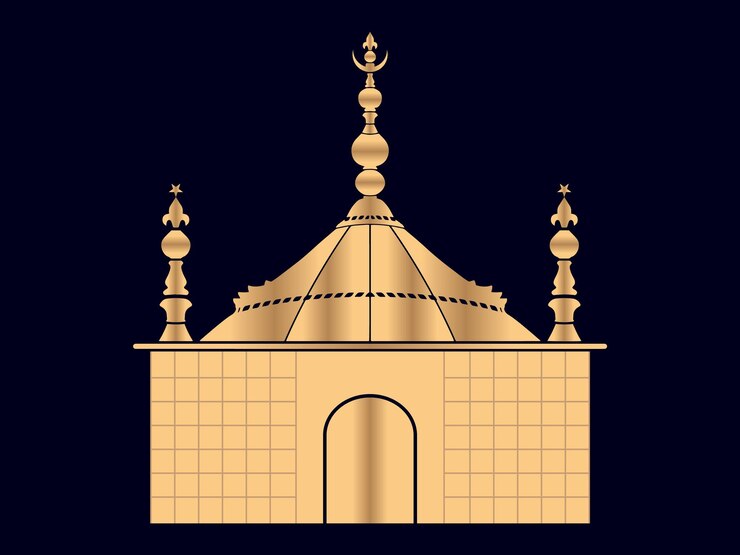 Vector minaretes y un atractivo gumbaz en la mezquita dorada con un mihrab. vector de diseño de cúpula.