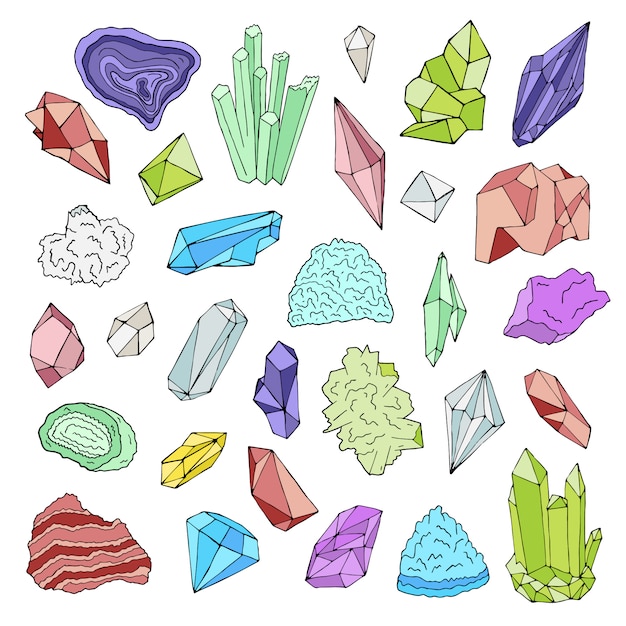 Minerales, cristales, gemas ilustración en color aislado conjunto dibujado a mano.