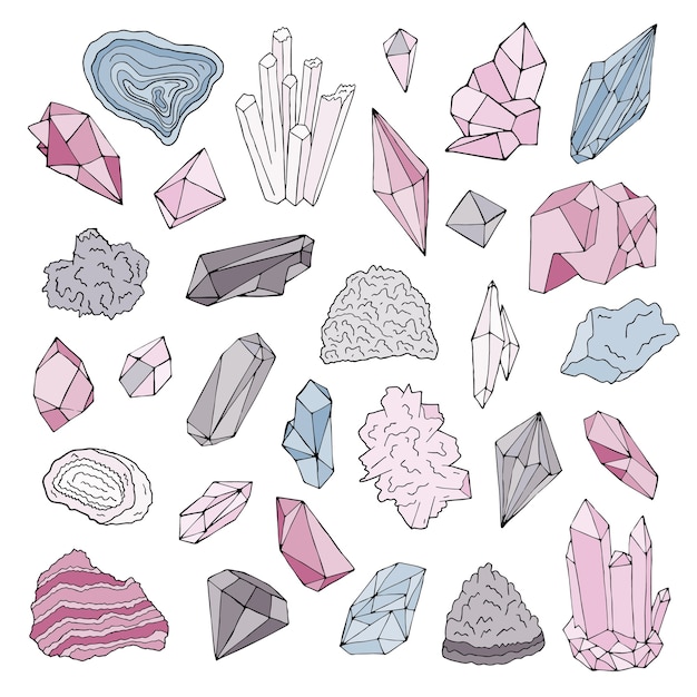 Minerales, cristales, gemas Ilustración de color aislado dibujado a mano conjunto.