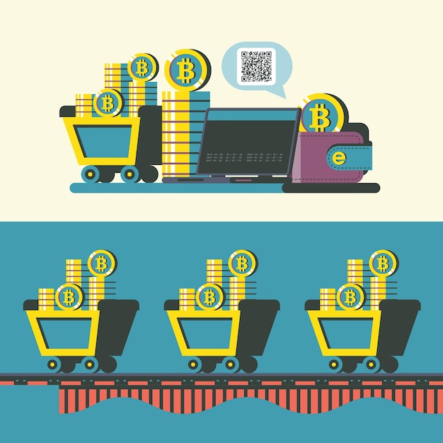 Minería Bitcoin. criptomoneda. Concepto de vector. Camión con bitcoins. Conjunto de emblemas vectoriales. Carro con bitcoins, laptop, billetera con bitcoins, una pila de monedas.