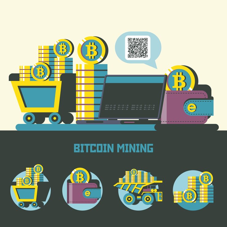 Vector minería bitcoin. criptomoneda. concepto de vector. camión con bitcoins. conjunto de emblemas vectoriales. carro con bitcoins, laptop, billetera con bitcoins, una pila de monedas.