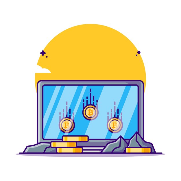 Minería Bitcoin con ilustración de dibujos animados de portátil