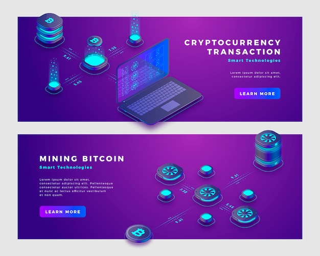Minería bitcoin y plantilla de banner de concepto de transacción cryptocurrency.